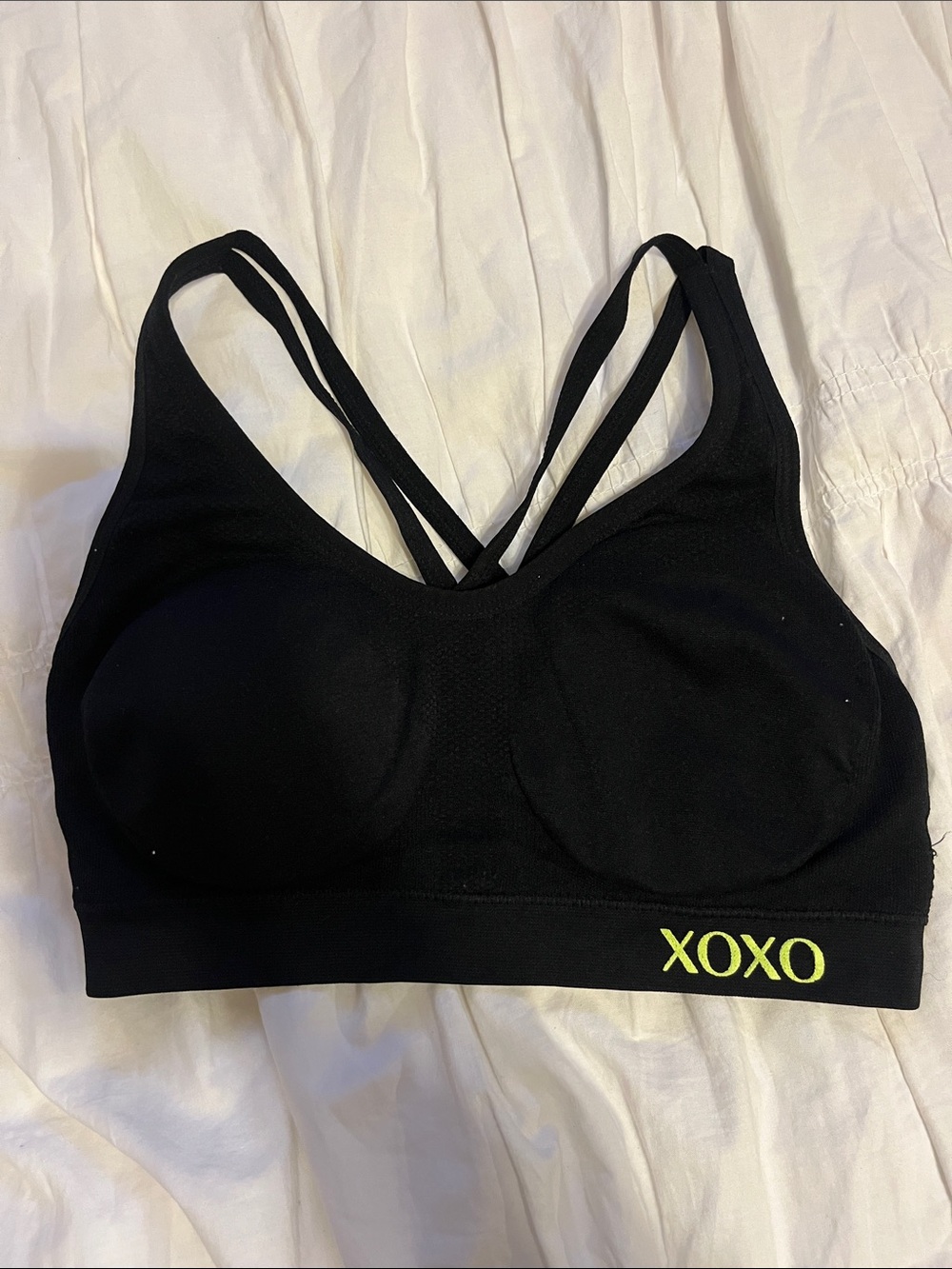 XOXO Black Strappy Sports Bra with Neon Logo